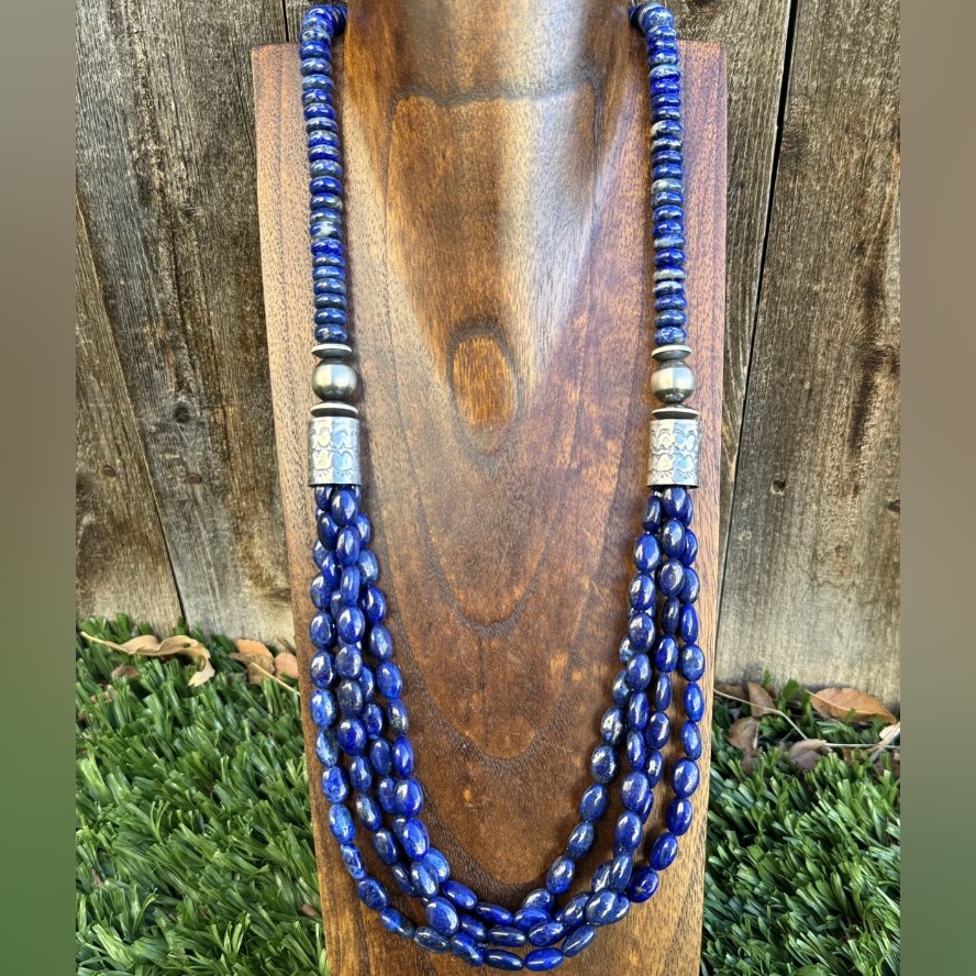 Sterling Silver Multi Strand Lapis W Pearls Bead Necklace. 28 Inch